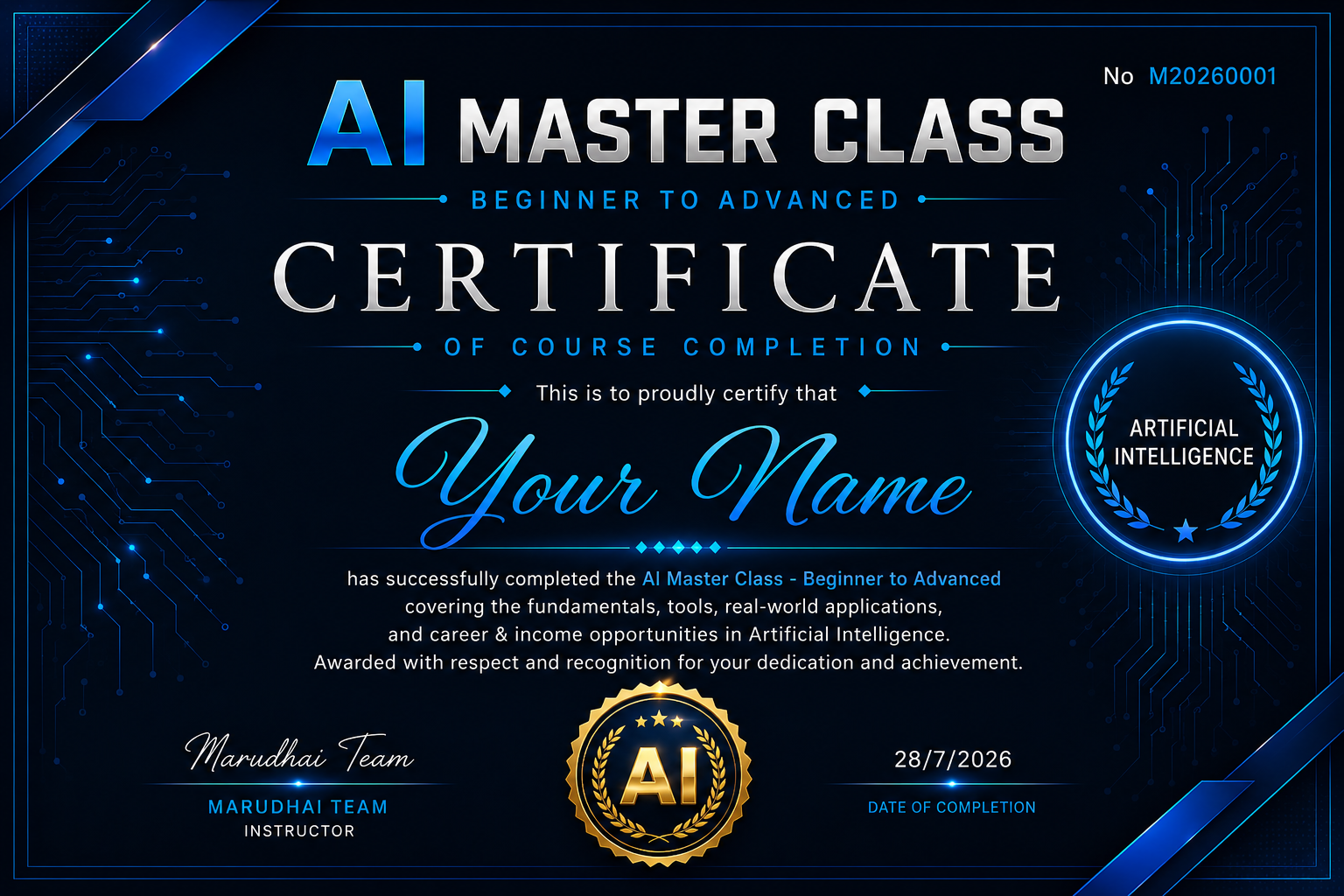 AI Masterclass course completion certificate